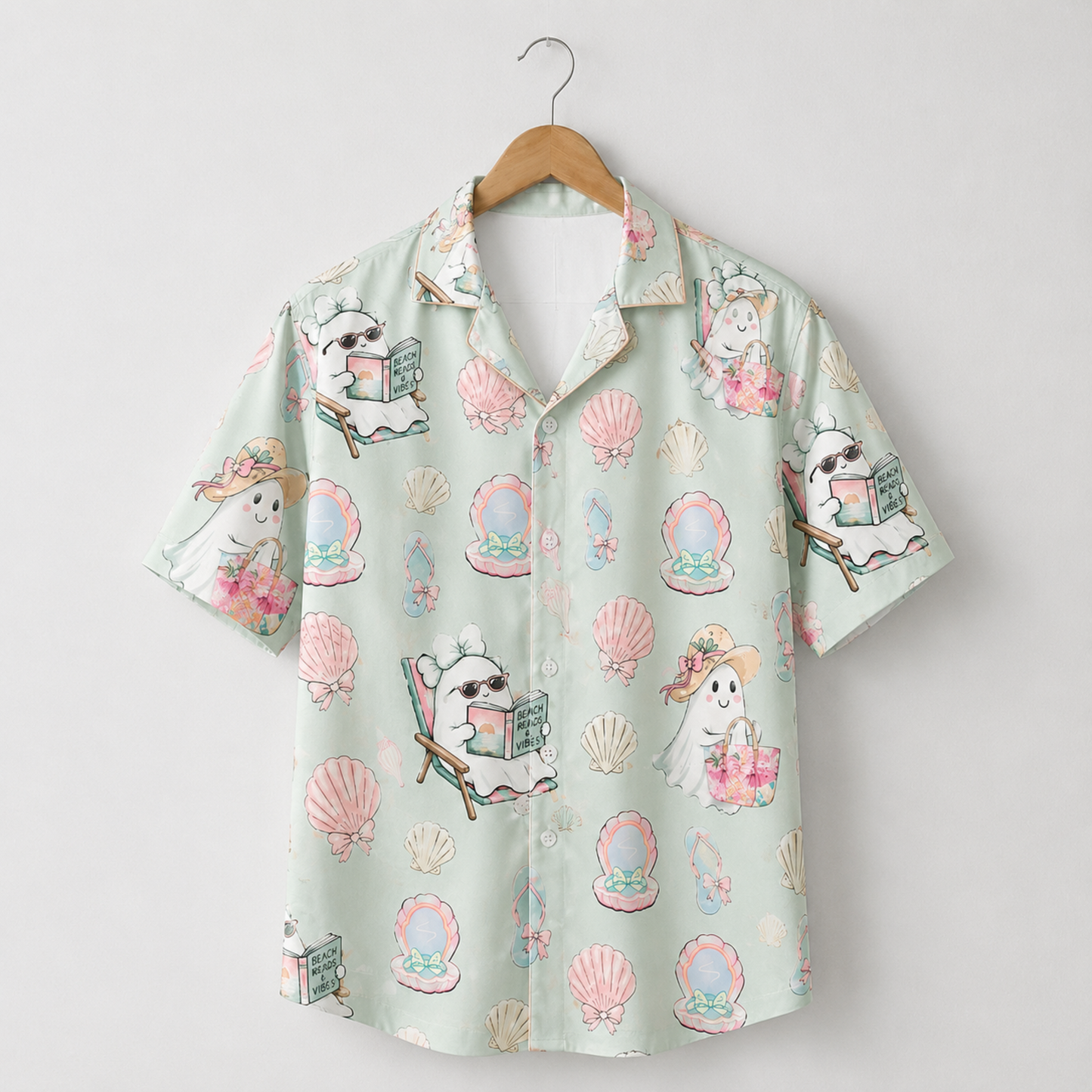 HW-M384-Pastel Coastal Ghost Hawaiian Shirt Mint Green Summerween Beach Button Down