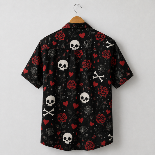 HW-M391-Gothic Skull Red Rose Hawaiian Shirt Dark Romance Black Button Down Alternative Camp Collar