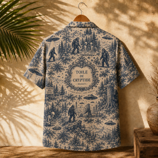 HW-M966-Vintage Cryptid Hawaiian Shirt with Bigfoot Alien UFO and Mysterious Paranormal Pattern for Outdoor Adventure Wear