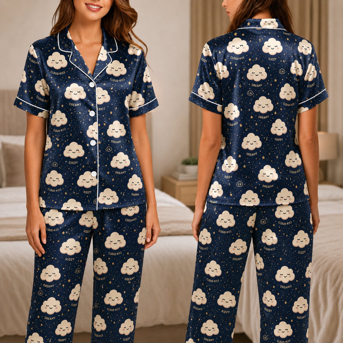 PJ-039-Satin Dreamy Cloud White Piping Button Up Pajama Set FREE SHIPING