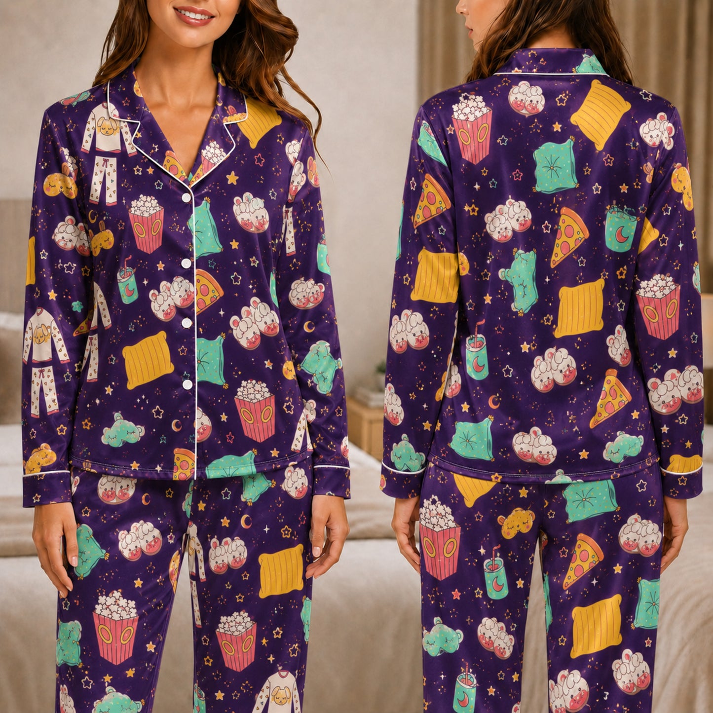 PJ-041-Satin Purple Slumber Party White Piping Button Up Pajama Set FREE SHIPING