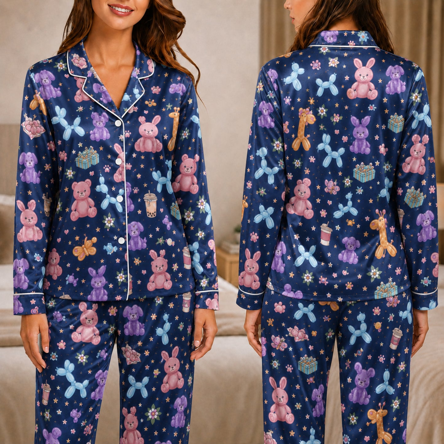 PJ-045-Satin Navy Balloon Animal & Plushie White Piping Button Up Pajama Set FREE SHIPING