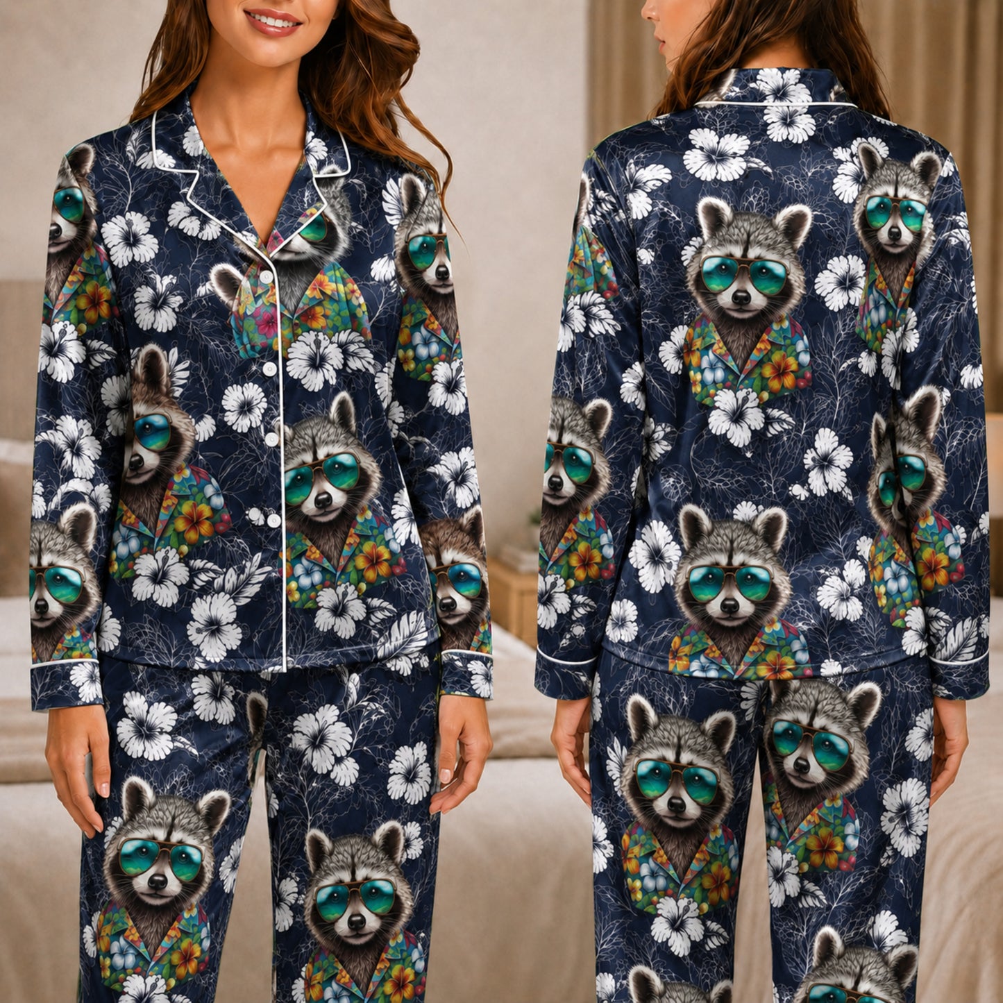 PJ-046-Satin Navy Tropical Raccoon White Piping Button Up Pajama Set FREE SHIPING