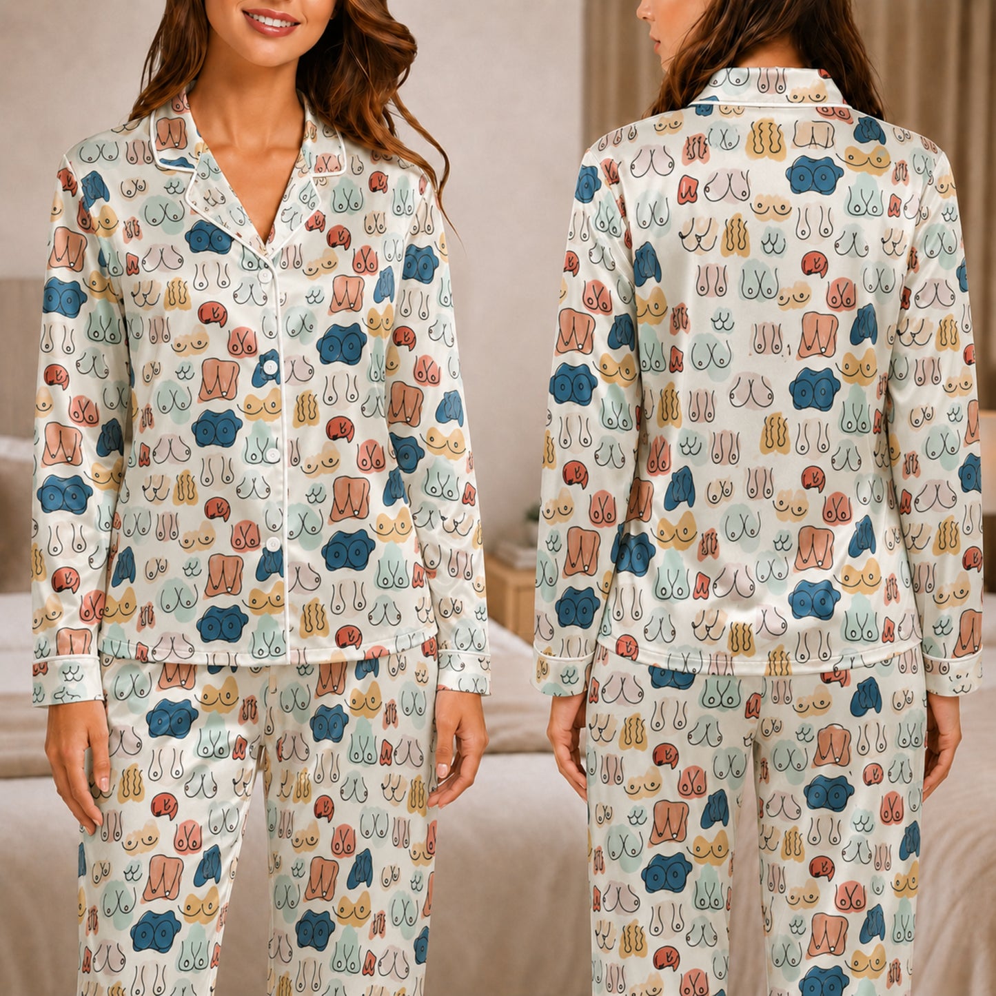 PJ-048-Satin Colorful Abstract Line Art White Piping Button Up Pajama Set FREE SHIPING