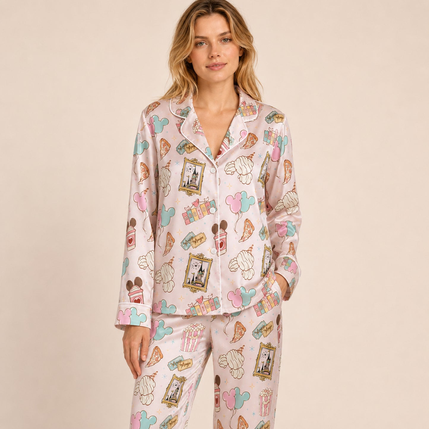 PJ-069-Satin Pink Magical Fairyland White Piping Button Up Pajama Set FREE SHIPING