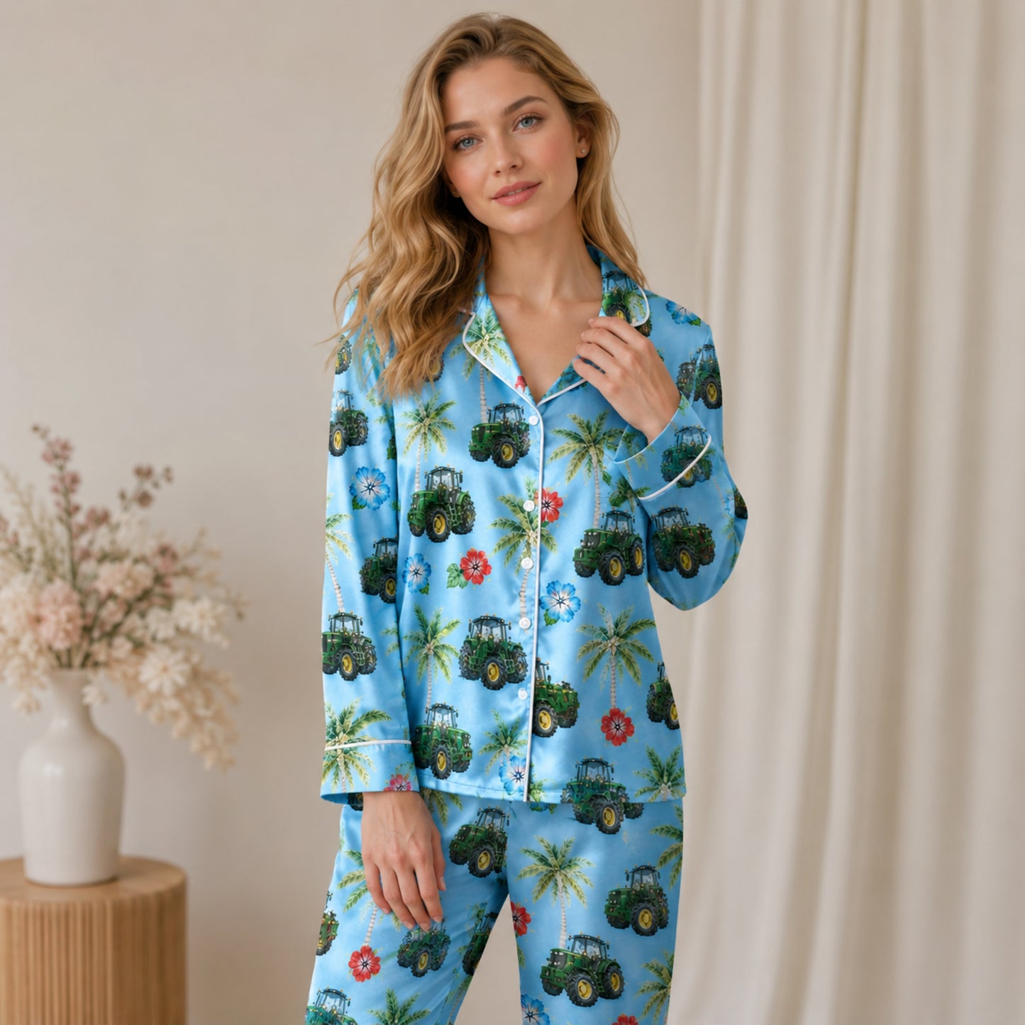 PJ-077-Unisex Blue Green Tractor Print Satin Pajamas Palm Tree Tropical Loungewear Sleepwear Nightwear Pjs Two Piece FREE SHIPING