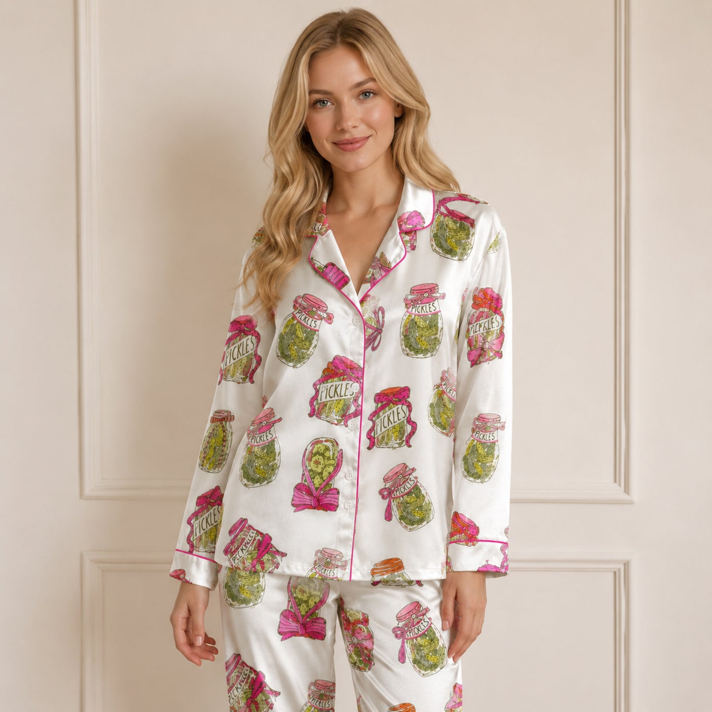 PJ-082-Pickle Jar Pajama Set with Vintage Mason Jar Labels and Food-Themed Novelty Pattern FREE SHIPING