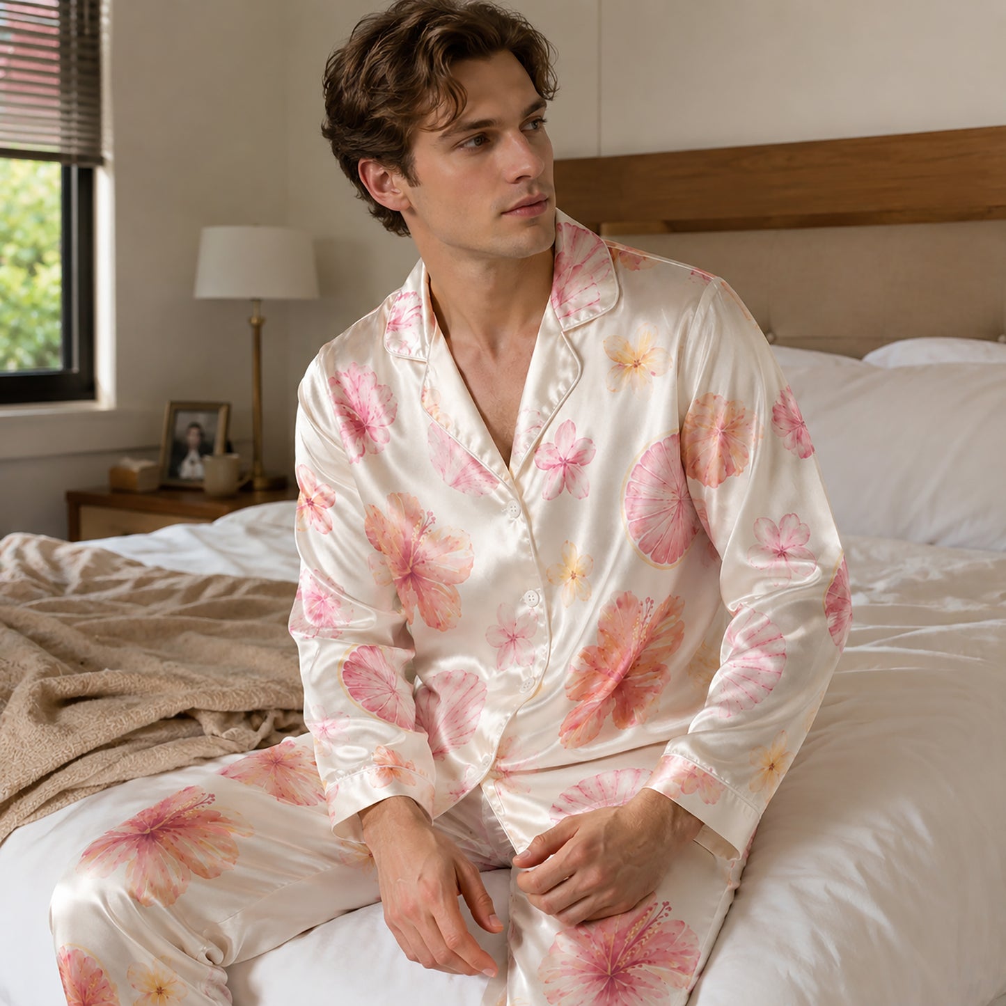 PJ-106-Satin Ivory Island Hibiscus Classic Piping Button Up Pajama Set FREE SHIPING