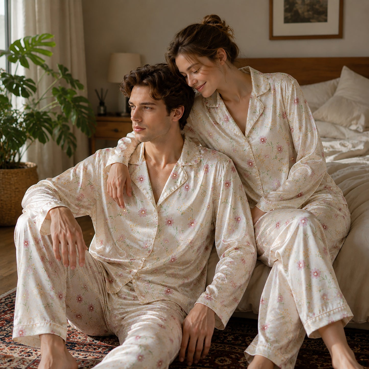 PJ-108-Pink Ditsy Floral Print Satin Pajamas Wildflower Cottagecore Loungewear Sleepwear Nightwear Pjs Two Piece Set FREE SHIPING