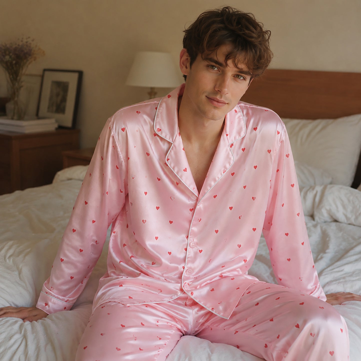 PJ-111-Unisex Men Women Pink Ditsy Heart Print Satin Pajamas Romantic Valentine Loungewear Sleepwear Nightwear Pjs Set FREE SHIPING