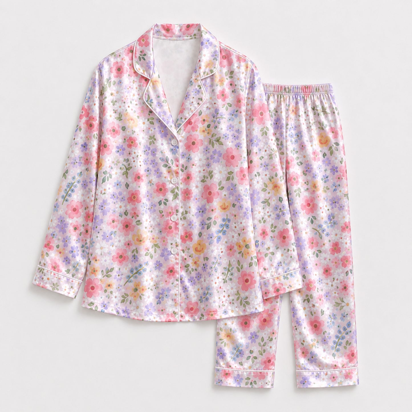 PJ-113-Pink Ditsy Floral Print Satin Pajamas Cottagecore Wildflower Loose Fit Loungewear Sleepwear Nightwear Pjs Clothing Set FREE SHIPING