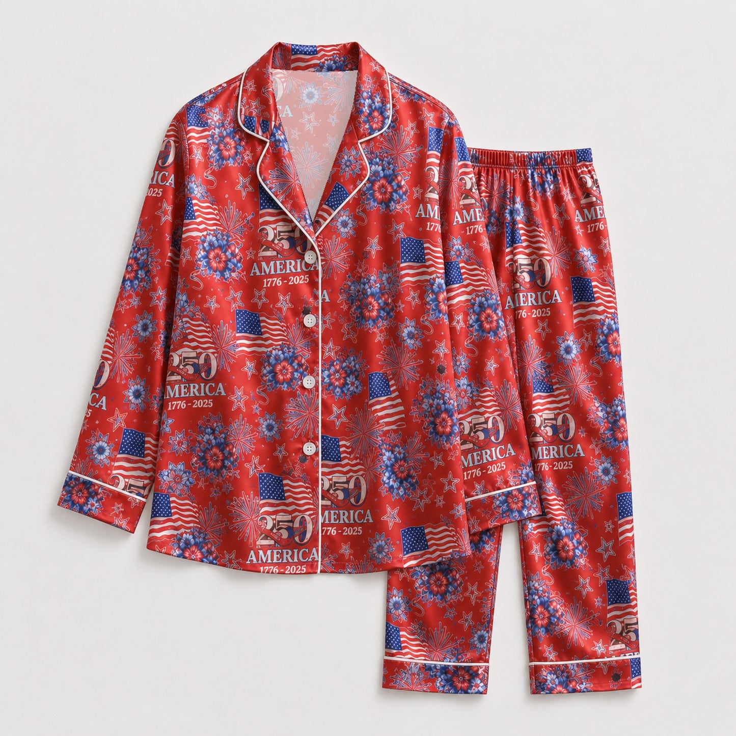 PJ-117-Patriotic Floral Satin Pajama Set With Colonial Drum Flag Print And Button Up Shirt FREE SHIPING