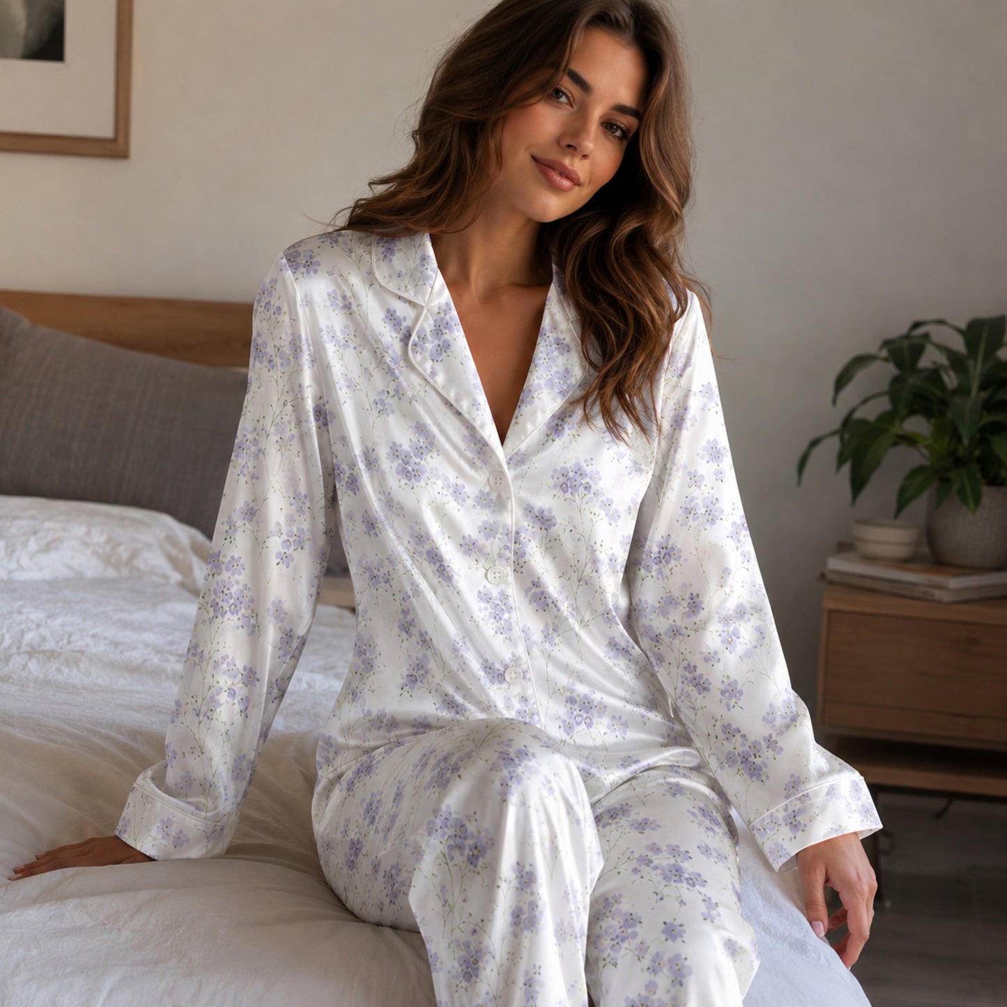 PJ-130-Purple Botanical Pattern Pajamas Luxury Satin Ditsy Blossom Theme Boxy Fit Elegant Loungewear Sleepwear Nightwear Apparel Set FREE SHIPING