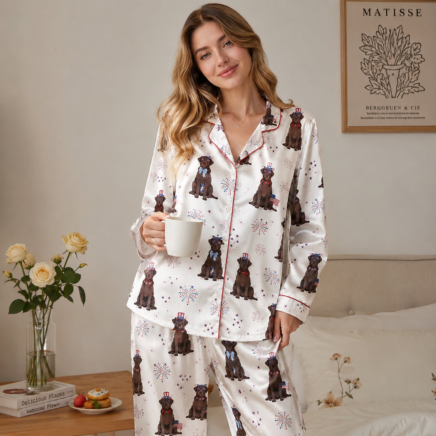 PJ-145-Unisex Chocolate Labrador Dog Satin Pajamas Patriotic 4th Of July Loungewear Sleepwear Nightwear Pjs Two Piece FREE SHIPING