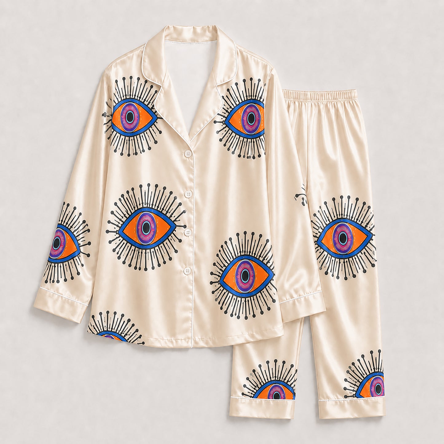 PJ-166-Unisex Satin Pajama Set with Evil Eye Boho Print Button Down Sleepwear Shirt and Bottoms FREE SHIPING