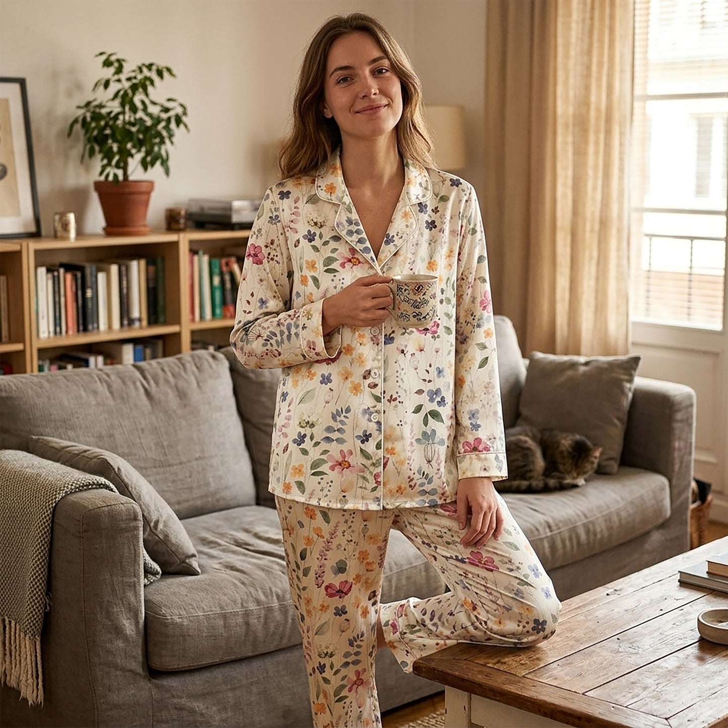 PJ-175-Pastel Floral Satin Pajama Set With Button Up Shirt And Soft Matching Bottoms FREE SHIPING