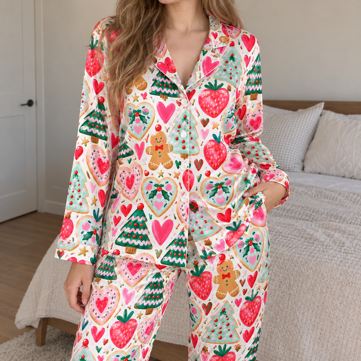 PJ-1757-"Gingerbread Strawberry Satin Pajama Set with Christmas Trees Hearts Candy Canes and Festive Holiday Pattern for Cozy Sleepwear "