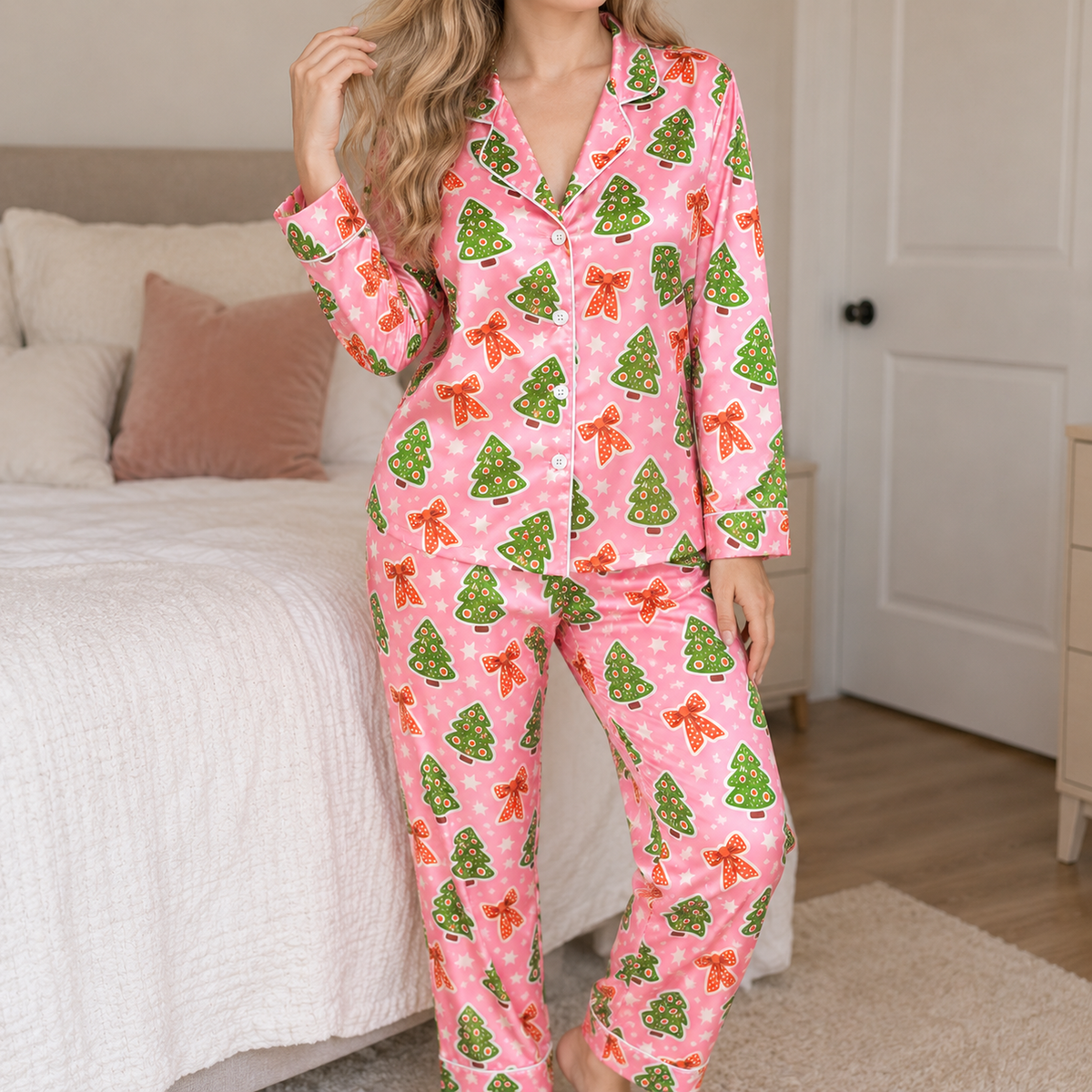 PJ-1932-Pink Christmas Tree Satin Pajama Set, Gingerbread Bow Festive Holiday Cozy Sleepwear