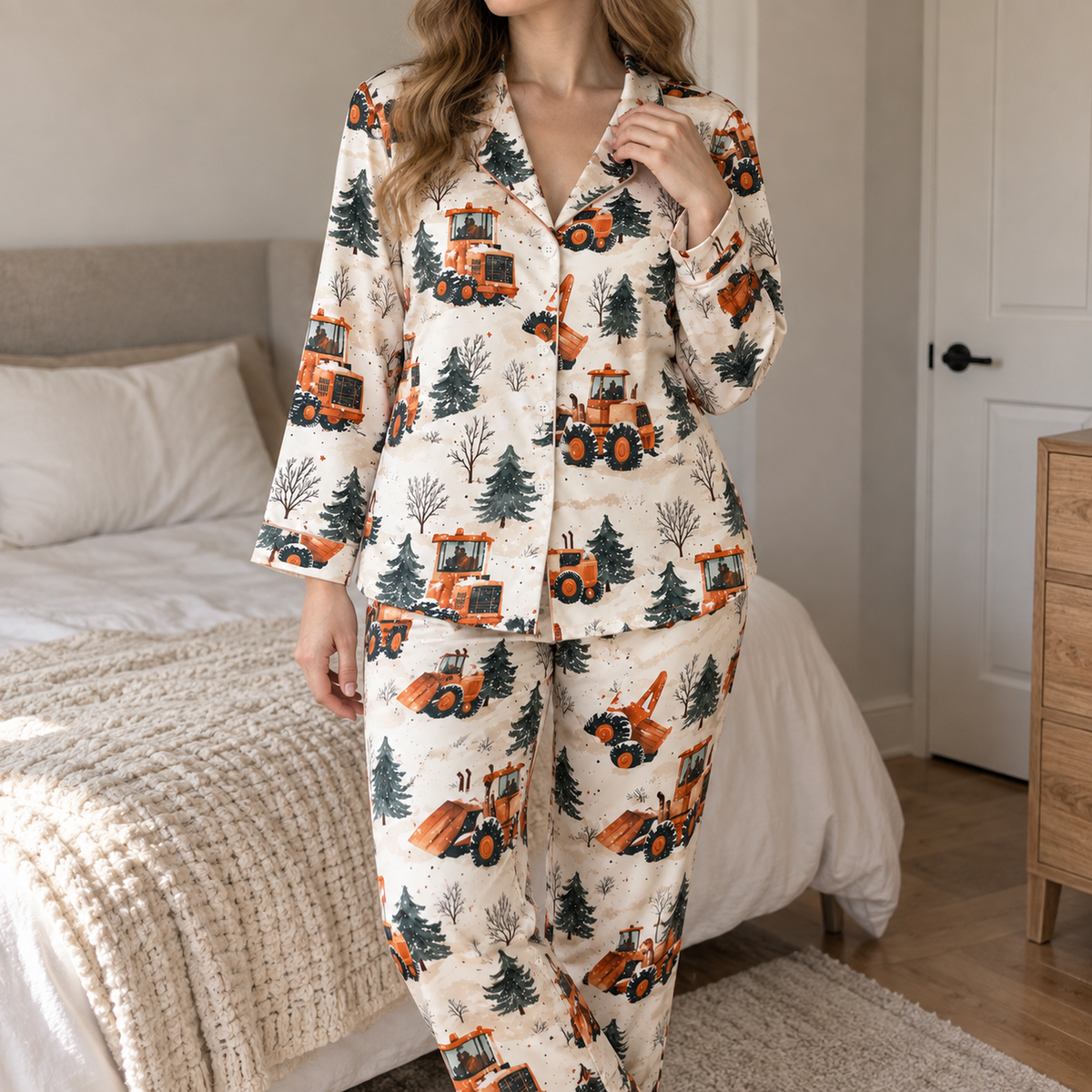 PJ-1935-Winter Tractor Satin Pajama Set, Snowy Pine Forest Farm Vehicle Cozy Country Sleepwear