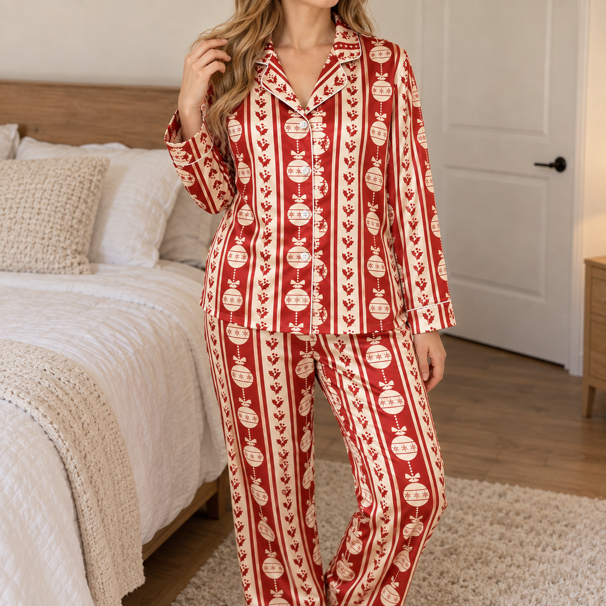 PJ-1973-Vintage Ornament Christmas Satin Pajama Set, Red Stripe Holly Festive Holiday Sleepwear