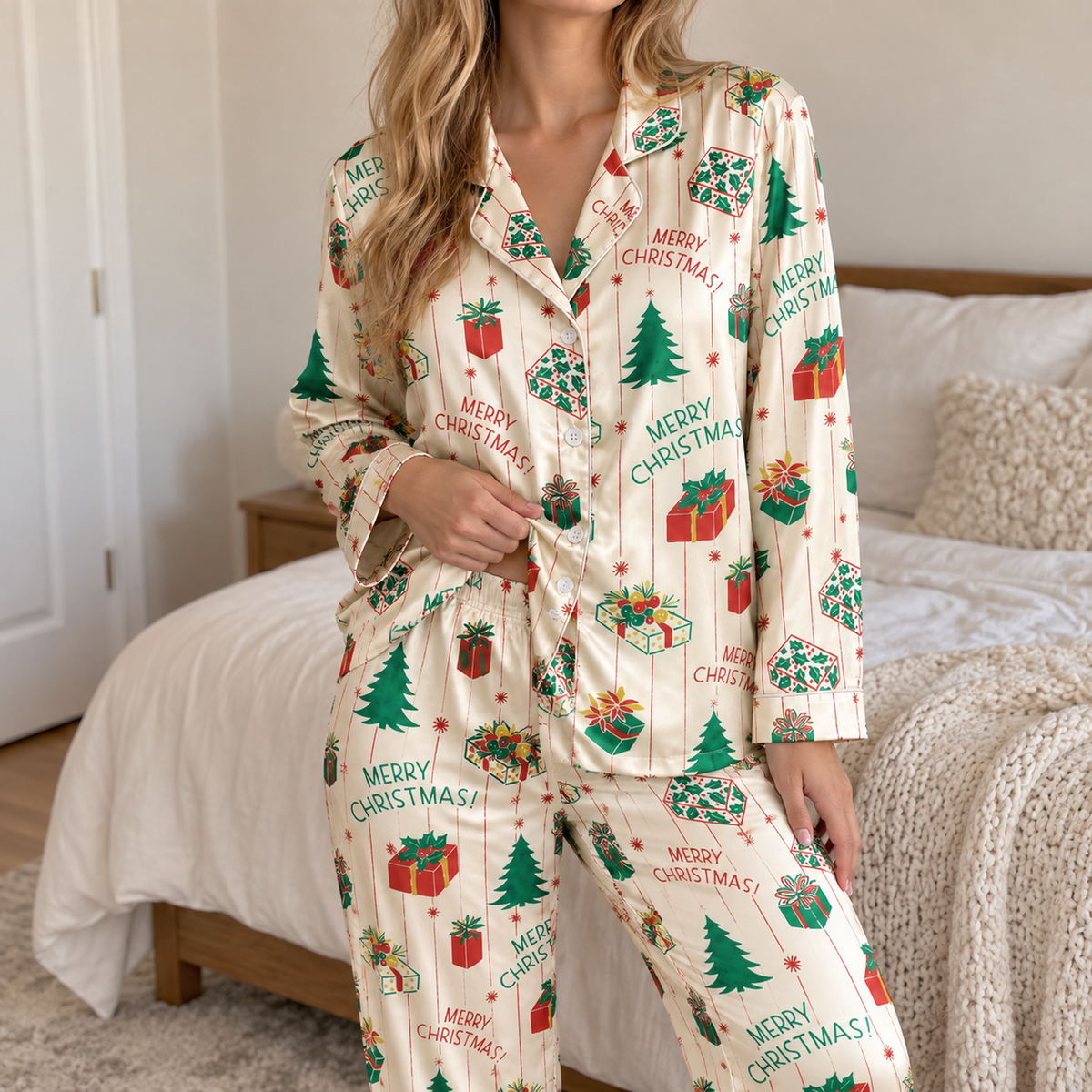 PJ-1974-Merry Christmas Satin Pajama Set, Gift Tree Vintage Stripe Festive Holiday Sleepwear