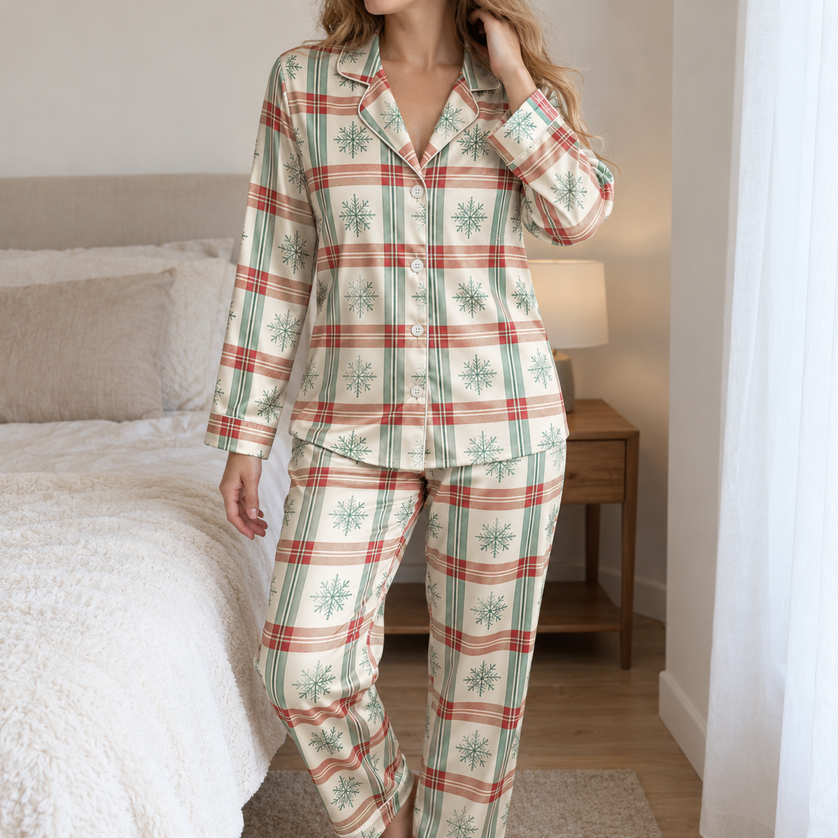 PJ-1980-Plaid Snowflake Winter Satin Pajama Set, Cozy Nordic Holiday Sleepwear