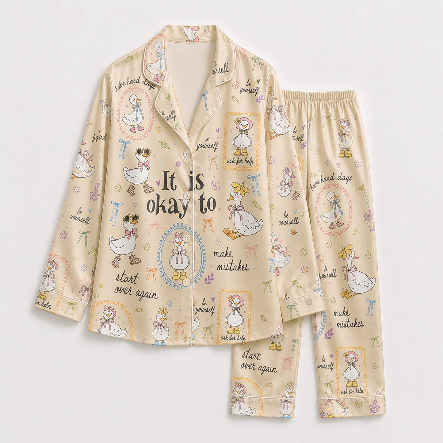 PJ-224-Motivational Goose Satin Pajama Set With Button Up Shirt And Elastic Waist Matching Bottoms FREE SHIPING