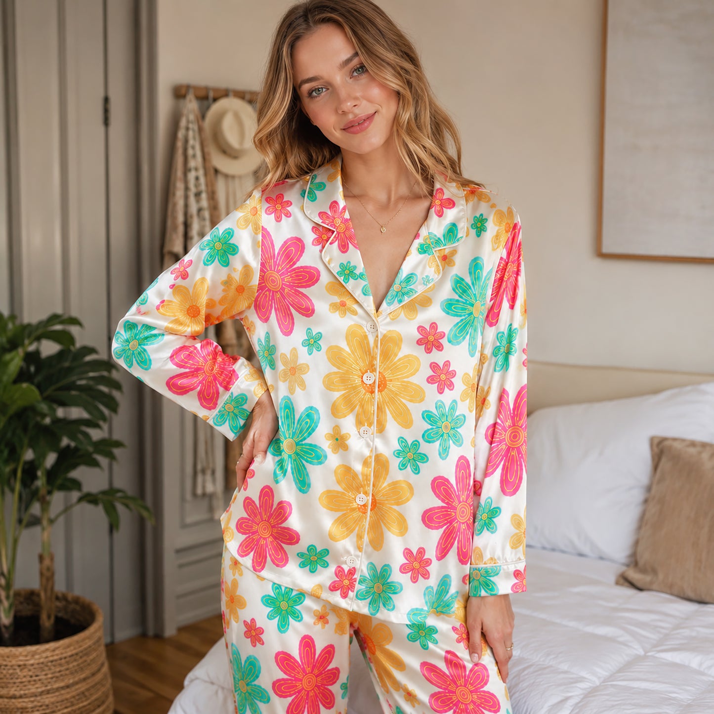 PJ-235- Women Pink Retro Floral Print Silk Satin Pajamas Groovy Flower Loungewear Sleepwear Nightwear Daisy Matching Clothing Set FREE SHIPING