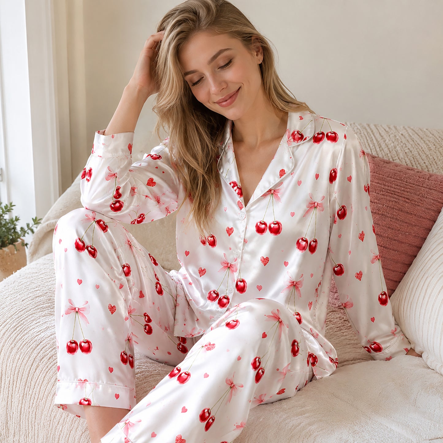 PJ-245-Sweet Cherry Heart Satin Pajama Set With Button Up Shirt And Matching Sleepwear Bottoms FREE SHIPPING