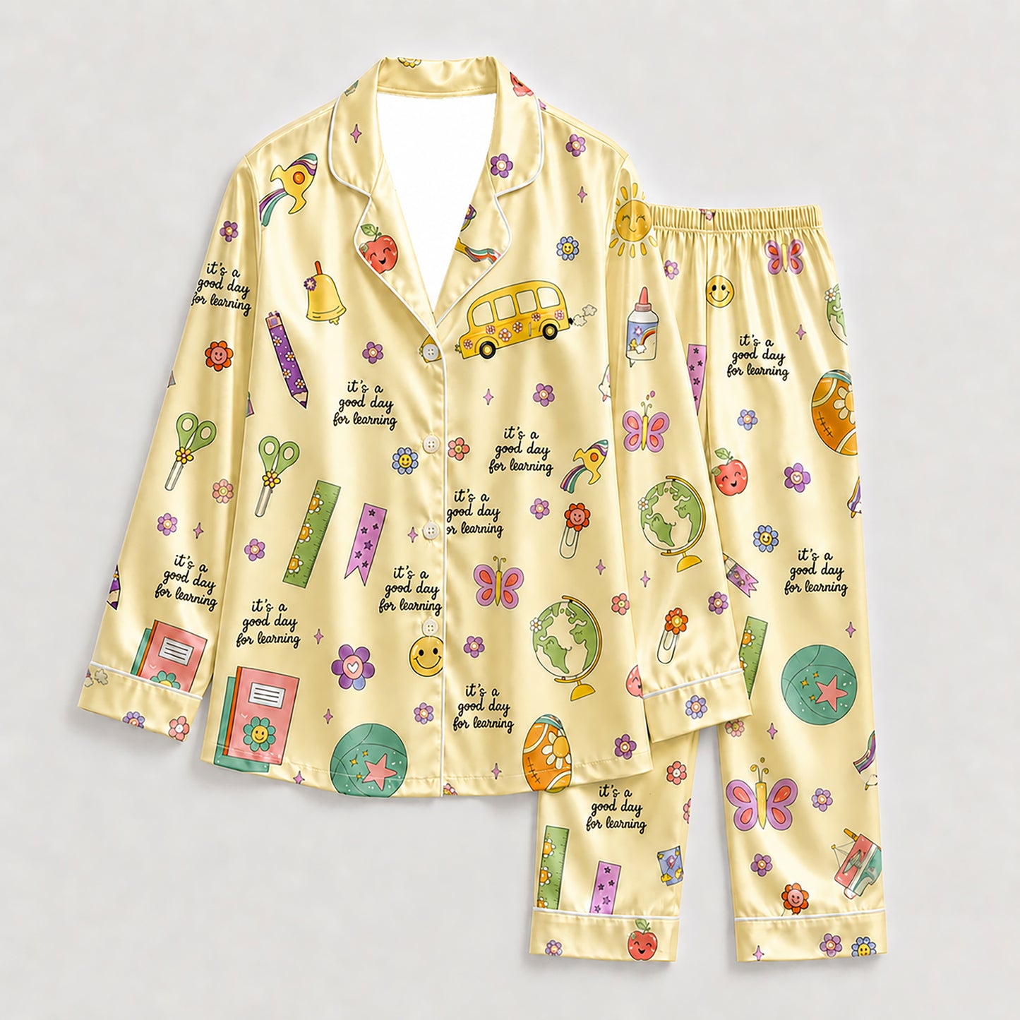 PJ-278-Satin Colorful Back to School White Piping Button Up Pajama Set FREE SHIPING