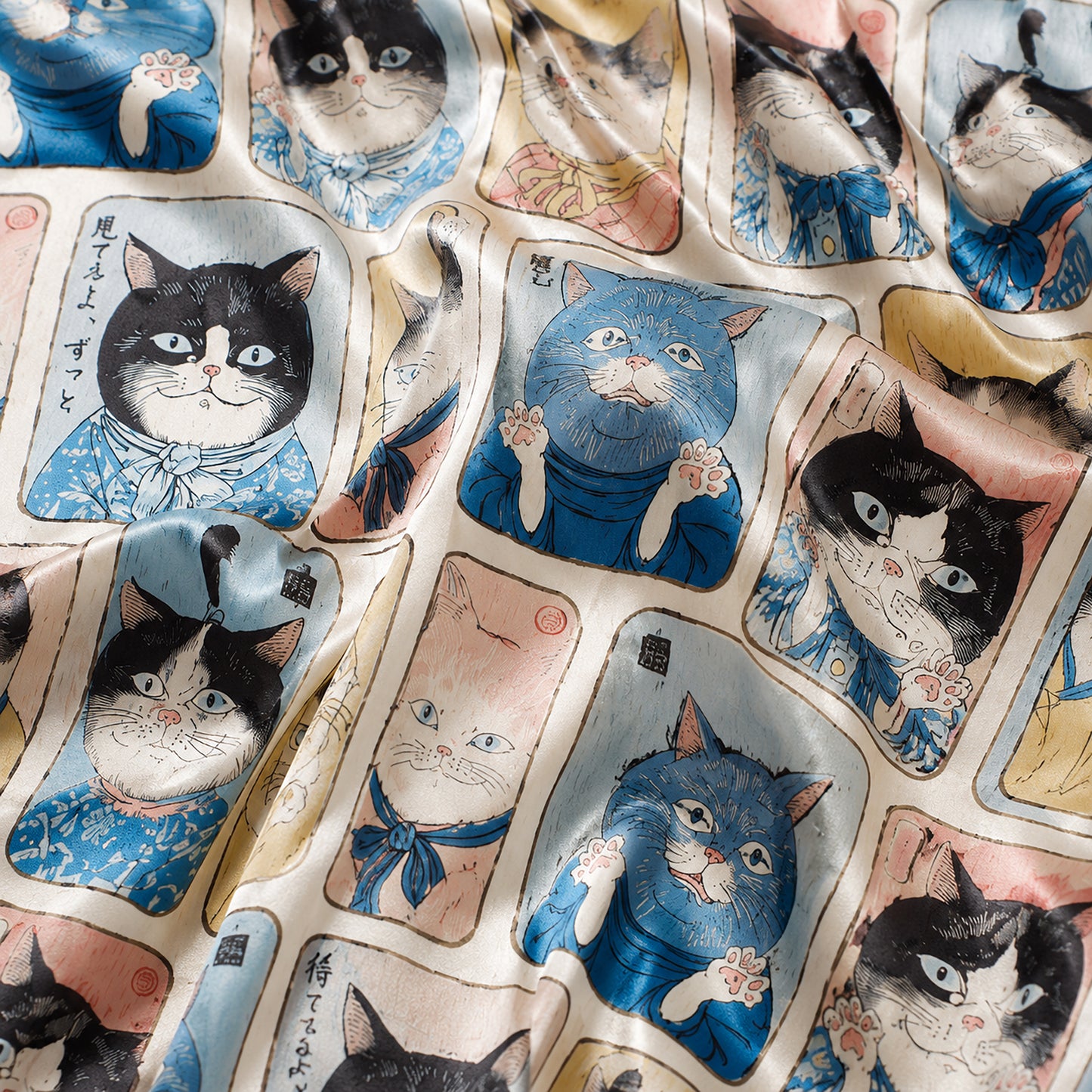 PJ-627-Vintage Japanese Feline Art Satin Pajamas Quirky Cat Sleepwear Pjs
