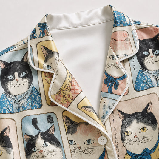 PJ-627-Vintage Japanese Feline Art Satin Pajamas Quirky Cat Sleepwear Pjs