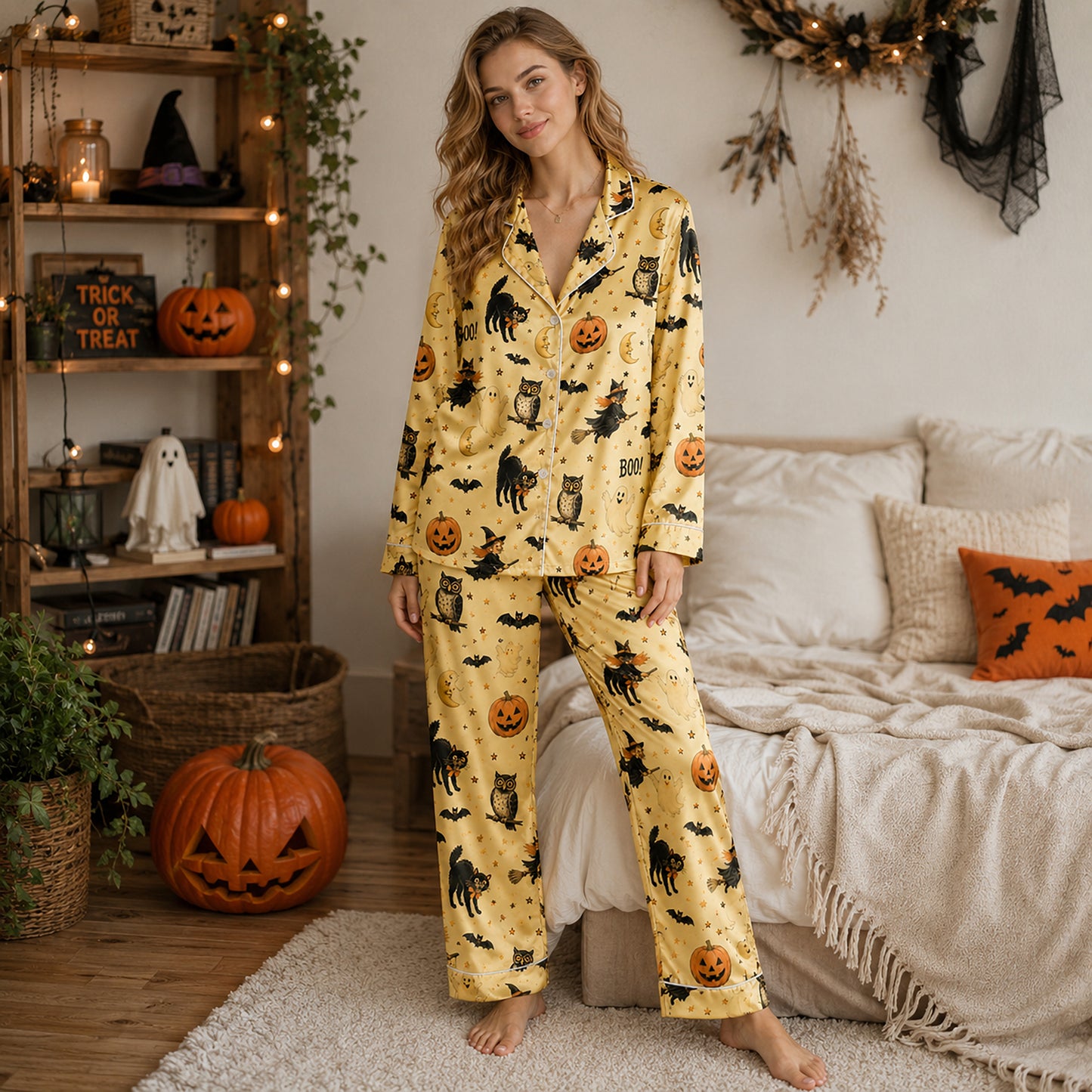 PJ-629-Spooky Autumn Lounge Set Yellow Satin Sleepwear Retro Halloween Pajamas