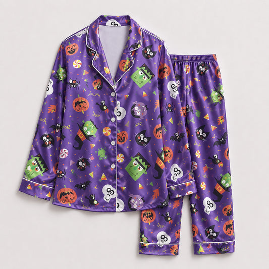 PJ-654-Halloween Pajama Set, Dark Festive Pattern Sleepwear, Soft Satin Lounge Outfit, Cozy Autumn Nightwear