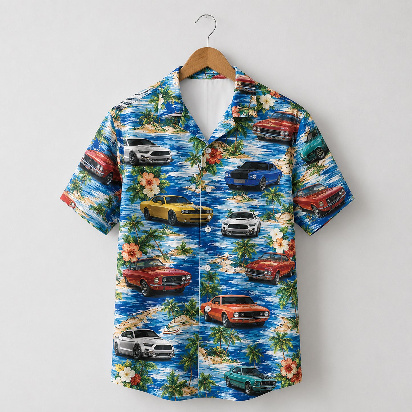 HW-716-Classic Muscle Car Hawaiian Shirt with Tropical Island, Palm Tree and Vintage Car Print for Beach Vacation and Summer Style