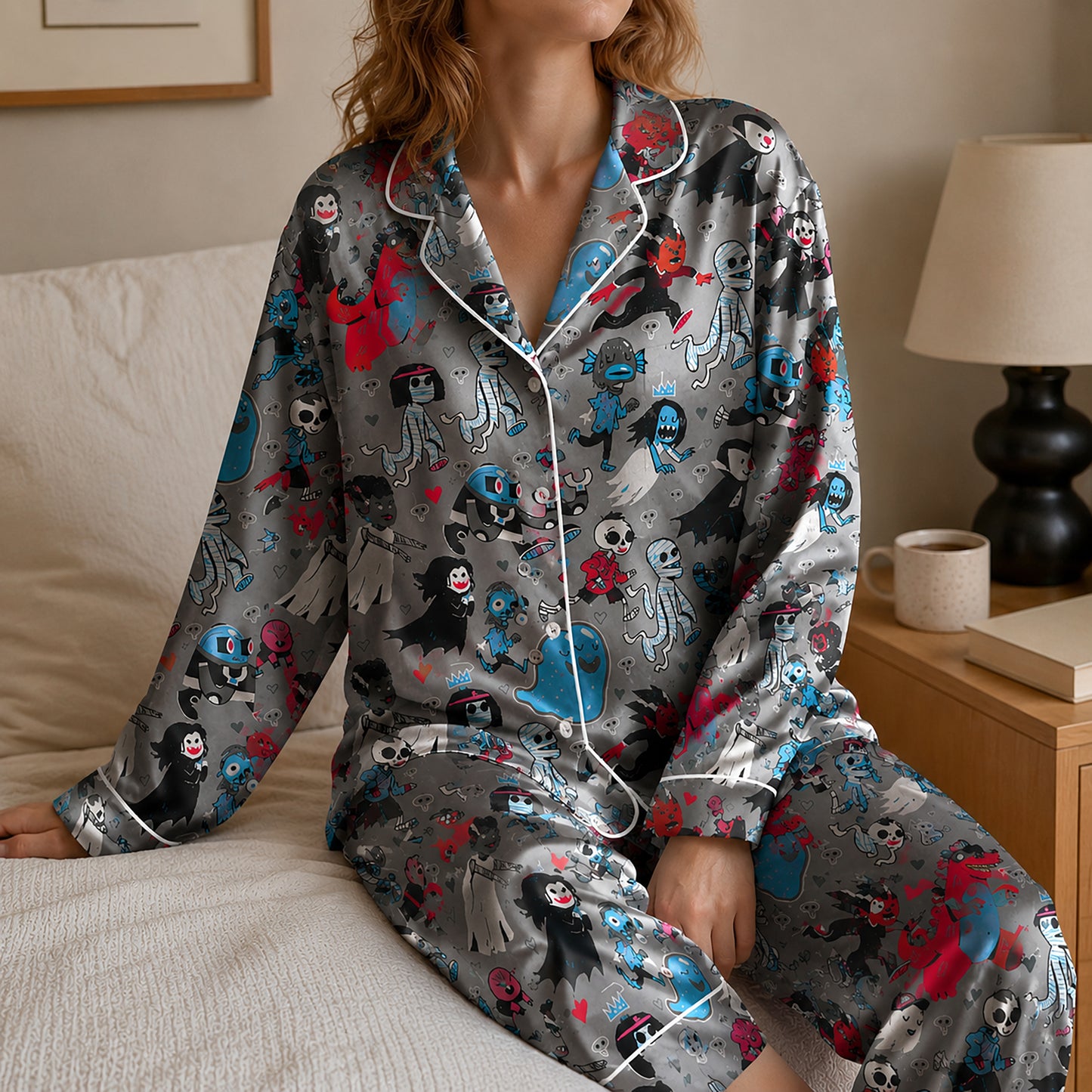 PJ-729-Halloween Duo Satin Pajama Set in Two Colorways with Playful Seasonal Prints for Cozy Spooky Nights