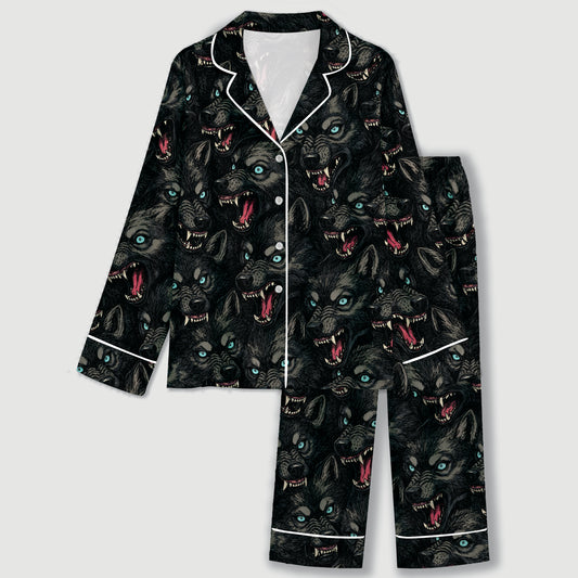 PJ-734-Majestic Wolf Satin Pajama Set with Wild Woodland Pattern for Cozy Sleepwear, Nature Lovers and Relaxing Loungewear
