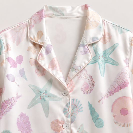 PJ-M003-Dreamy Pastel Seashell And Seahorse Print White Silky Satin Sleepwear Lounge Pajama Coordinate Set