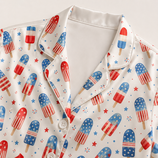 PJ-M004-Festive Americana Star And Stripe Popsicle Pattern White Satin Sleepwear Lounge Pajama Coordinate Ensemble