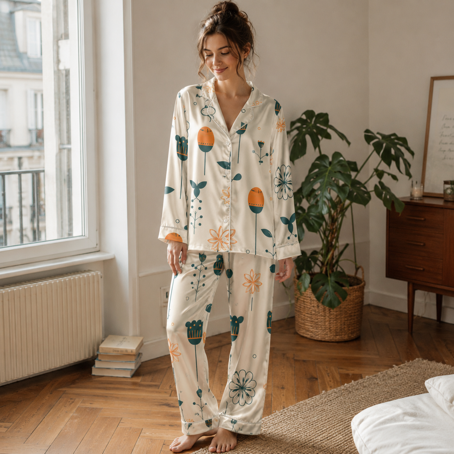 PJ-M139-Ivory Satin Floral Pajama Apparel, Orange Botanical Pattern Short Sleeve Loungewear Sleepwear Collection Clothing