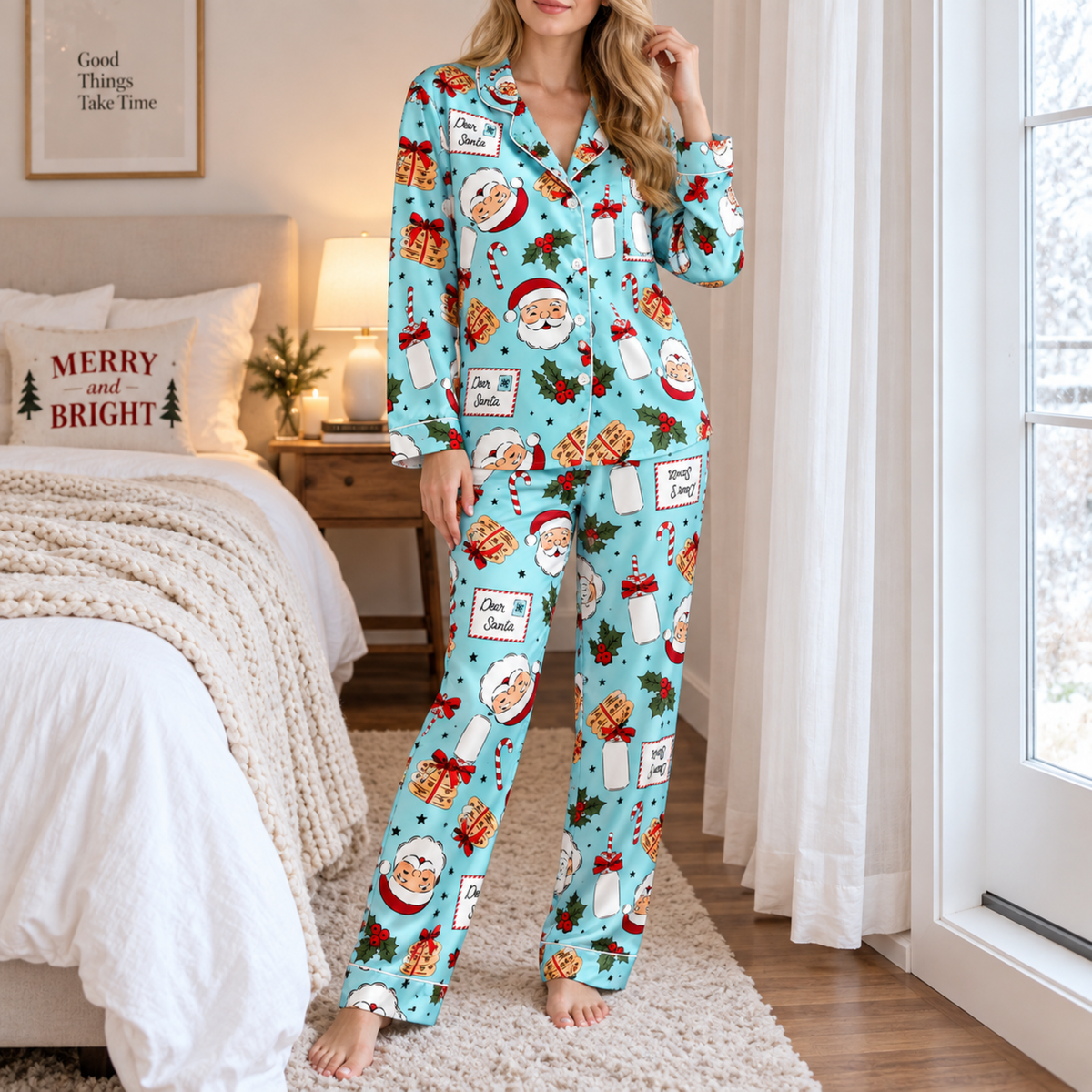 PJ-M1856-Dear Santa Christmas Satin Pajama Set, Milk Cookies Candy Cane Holly Festive Holiday Sleepwear