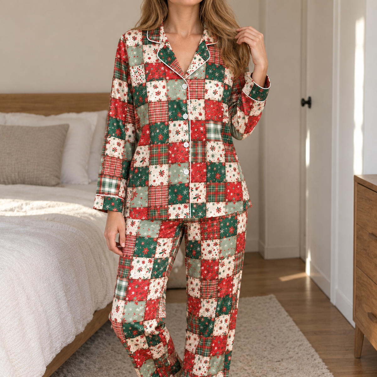 PJ-M1910-Christmas Patchwork Plaid Satin Pajama Set, Red Green Vintage Holiday Sleepwear