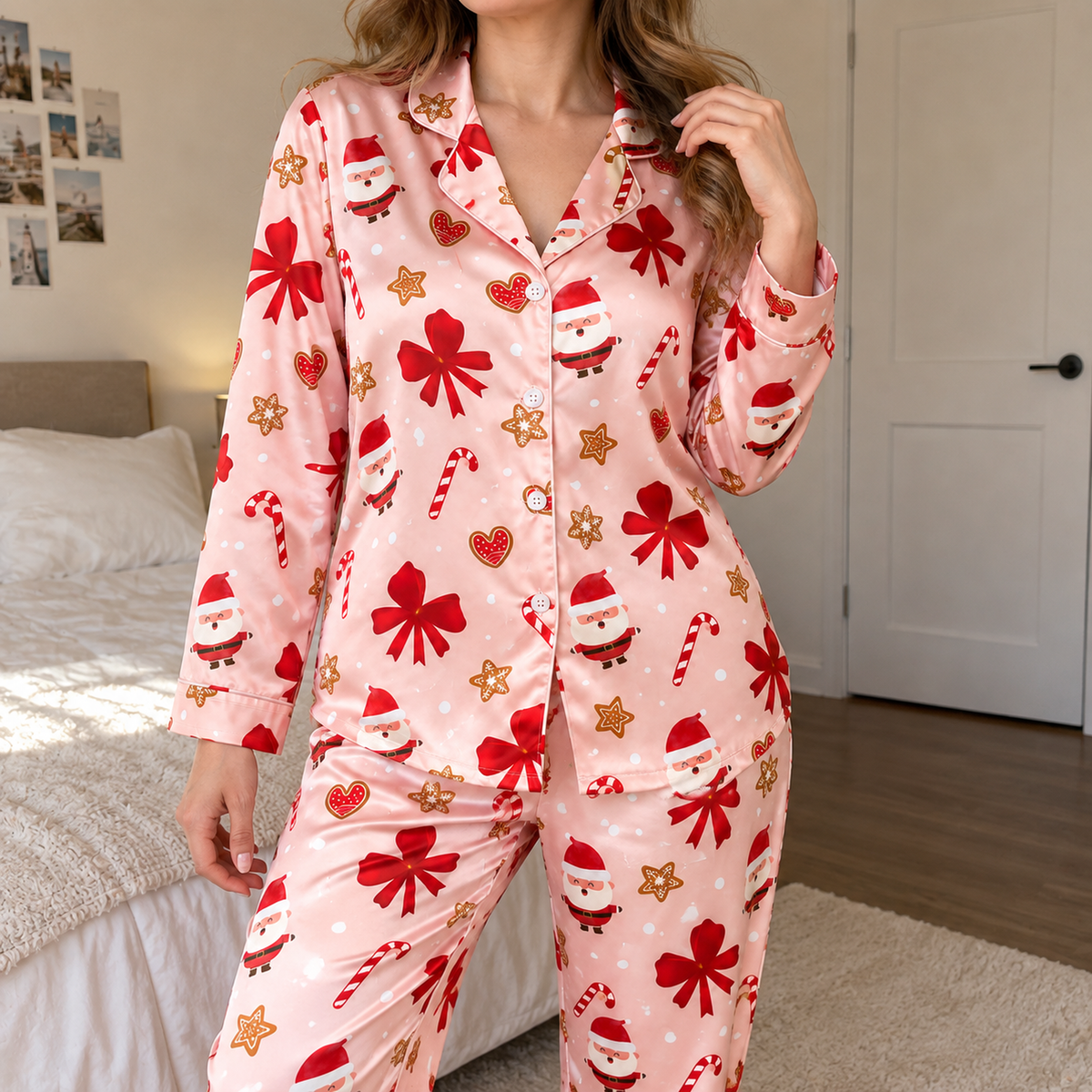 PJ-M1932-Pink Santa Bow Satin Pajama Set, Gingerbread Candy Cane Christmas Holiday Sleepwear