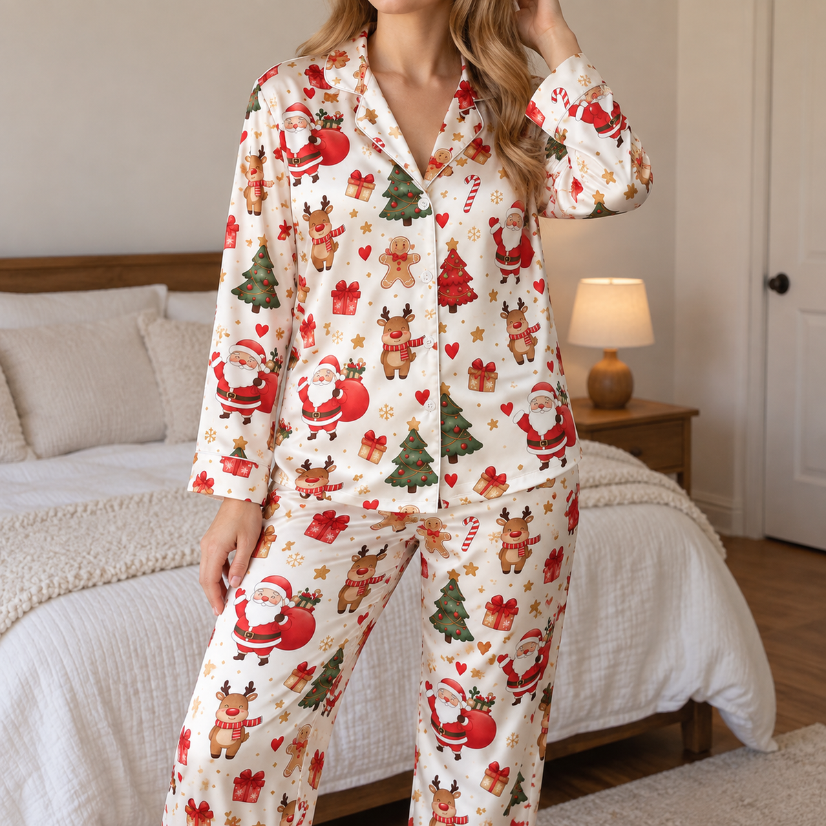 PJ-M1937-Santa Reindeer Christmas Satin Pajama Set, Gingerbread Tree Festive Holiday Sleepwear