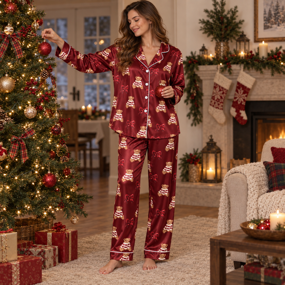 PJ-M1975-Red Teddy Bear Satin Pajama Set, Coquette Bow Christmas Bear Cute Holiday Sleepwear
