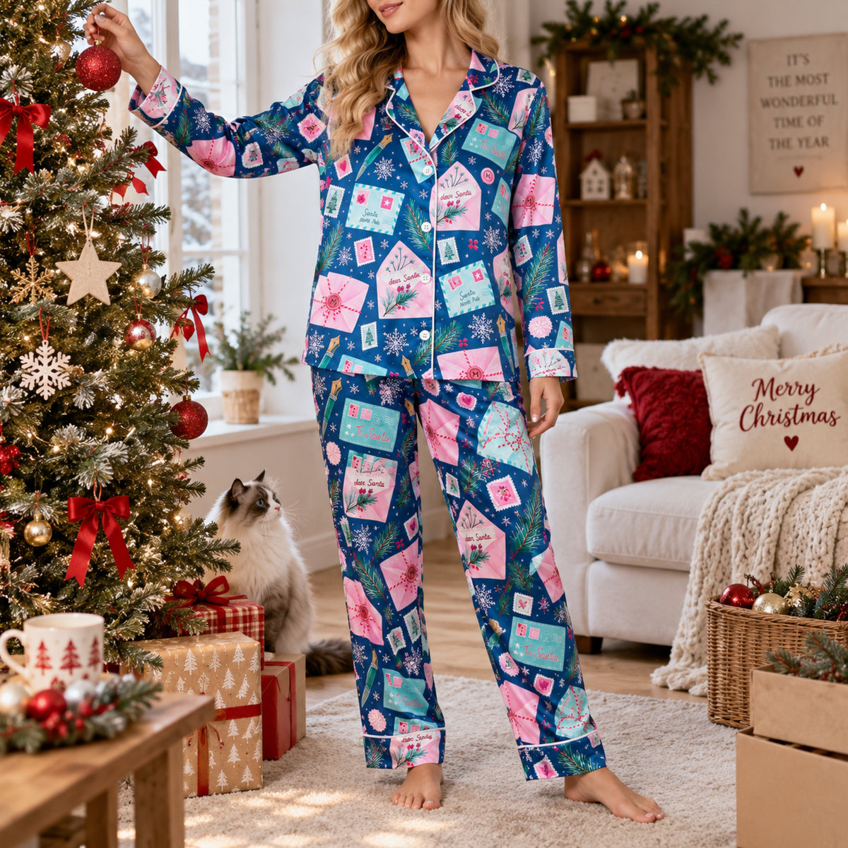 PJ-M1976-"Dear Santa Satin Pajama Set with Christmas Letters Postage Stamps Snowflakes and Festive Holiday Mail Pattern for Cozy Sleepwear "
