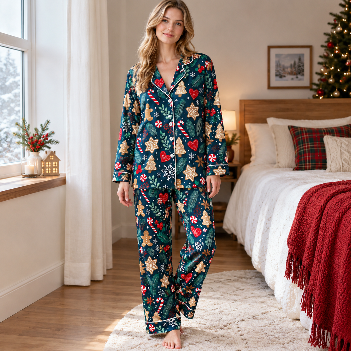 PJ-M2050-Gingerbread Christmas Satin Pajama Set with Cookies Candy Canes Hearts Snowflakes and Festive Winter Pattern