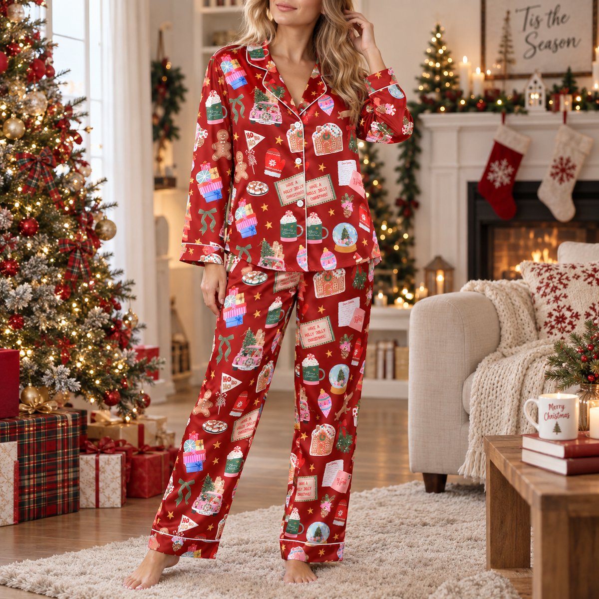 PJ-M2063-Christmas Baking Satin Pajama Set with Gingerbread Cookies Cakes Cocoa Mugs Recipe Cards and Festive Red Holiday Pattern