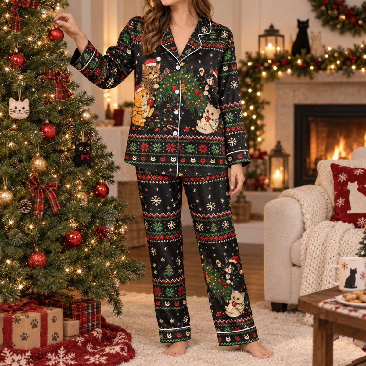PJ-M2084-Christmas Cat Satin Pajama Set, Festive Kitty Tree Snowflake Cozy Holiday Sleepwear