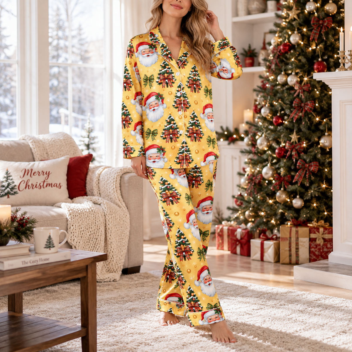 PJ-M2109-Santa Christmas Satin Pajama Set with Christmas Trees Tartan Bows Ornaments and Festive Golden Holiday Pattern